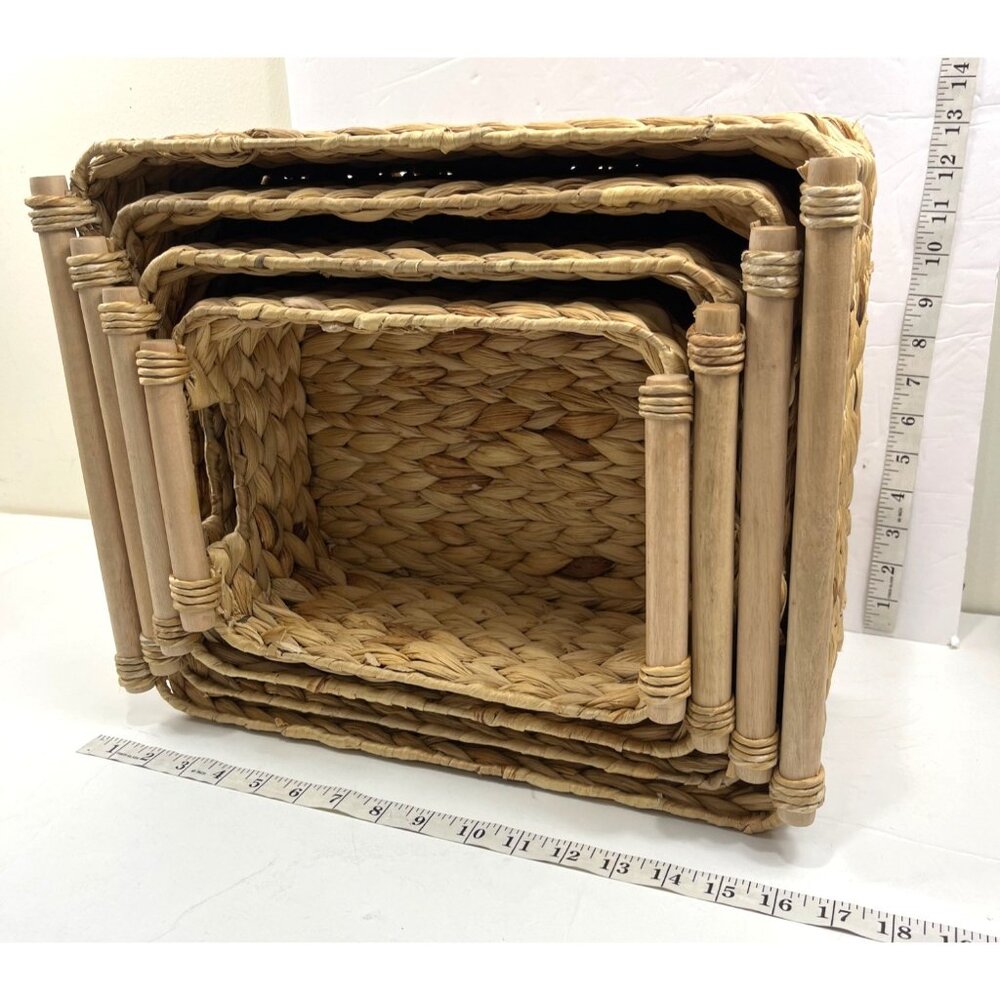 Set Of 4 Handwoven Rectangle Baskets With Wooden Accents Home Storage & Decor - Picture 2 of 13
